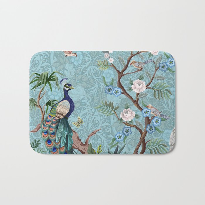 Chinoiserie Aqua Turquoise Peacock Garden & William Morris Art  Bath Mat Gallery Image 1