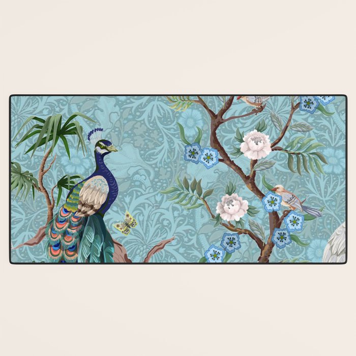 Chinoiserie Aqua Turquoise Peacock Garden & William Morris Art  Desk Mat Gallery Image 3