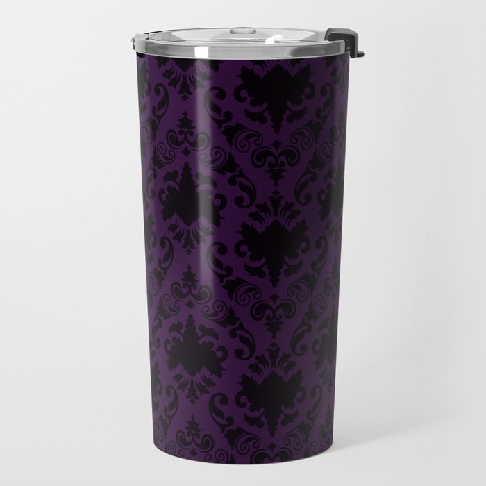 Aubergine and Black Damask Travel Mug Gallery Image 2
