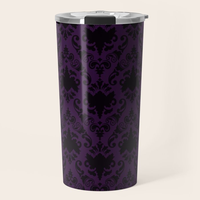 Aubergine and Black Damask Travel Mug Gallery Image 1