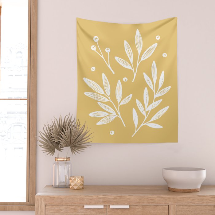 Botanic Pattern - White Yellow Wall Tapestry Gallery Image 2