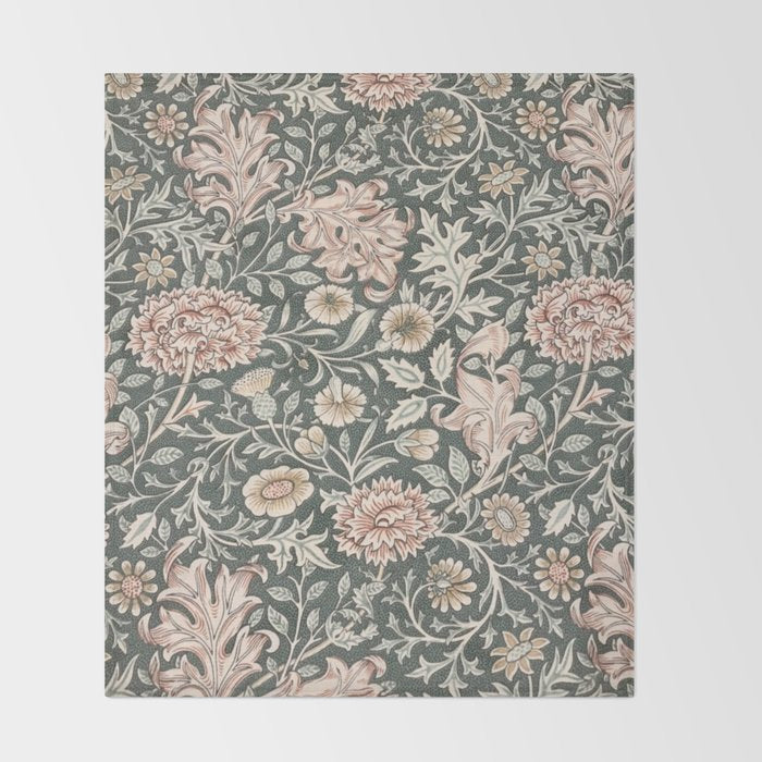 William Morris Double Bough Dark Green & Pink Floral Throw Blanket Gallery Image 2
