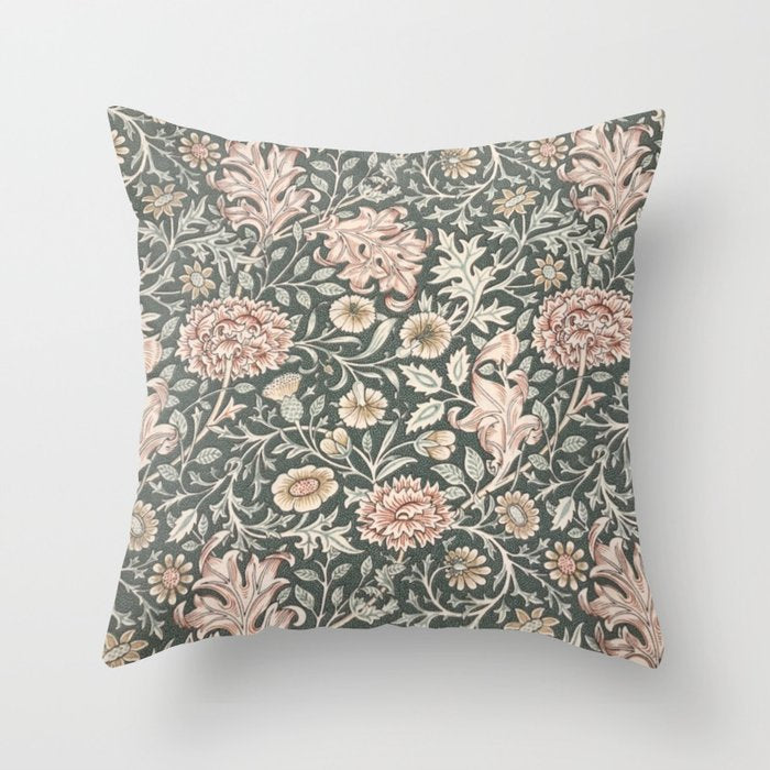 William Morris Double Bough Dark Green & Pink Floral Throw Pillow Gallery Image 1