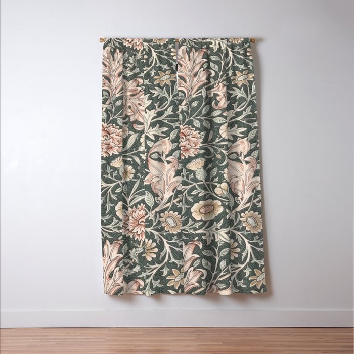 William Morris Double Bough Dark Green & Pink Floral Window Curtain Gallery Image 3