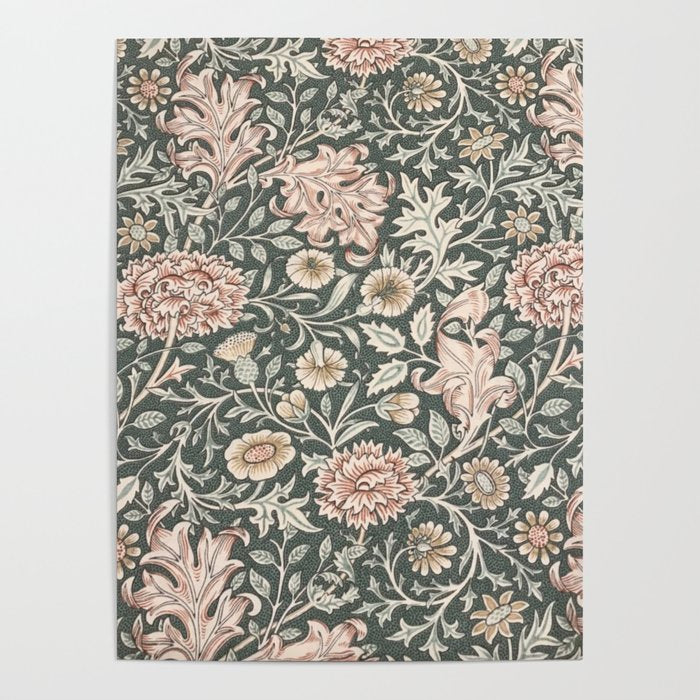William Morris Double Bough Dark Green & Pink Floral Poster Gallery Image 1