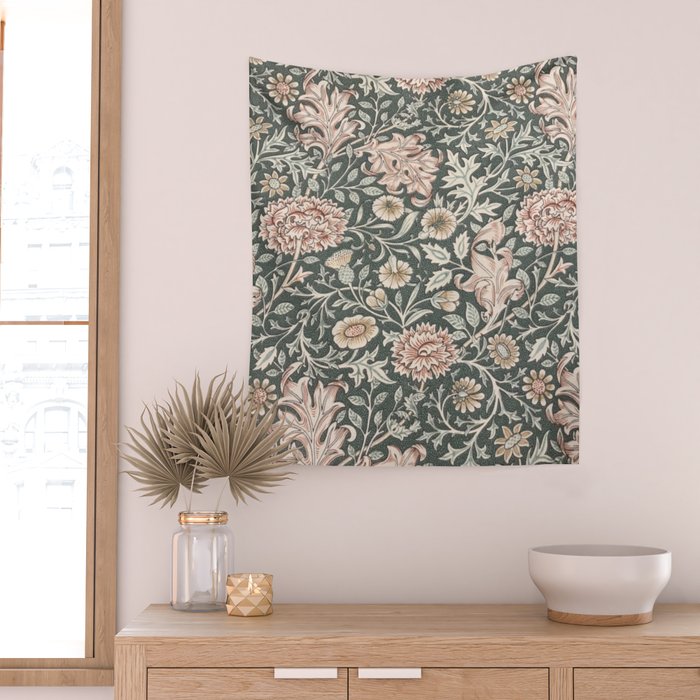 William Morris Double Bough Dark Green & Pink Floral Wall Tapestry Gallery Image 2