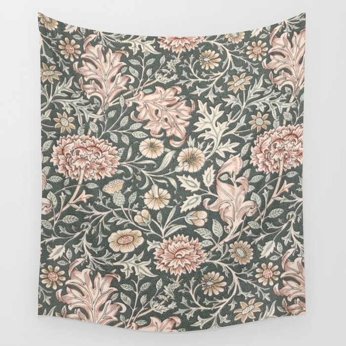 William Morris Double Bough Dark Green & Pink Floral Wall Tapestry Gallery Image 1