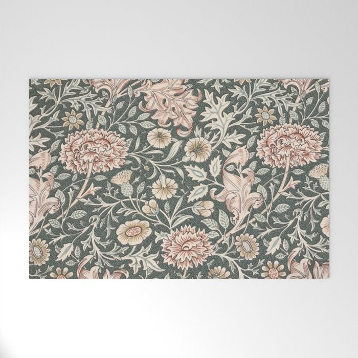 William Morris Double Bough Dark Green & Pink Floral Welcome Mat Gallery Image 1