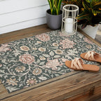William Morris Double Bough Dark Green & Pink Floral Outdoor Rug Gallery Image 2