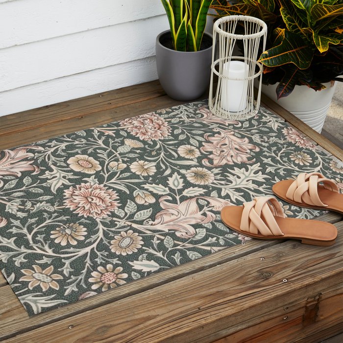 William Morris Double Bough Dark Green & Pink Floral Outdoor Rug Gallery Image 2