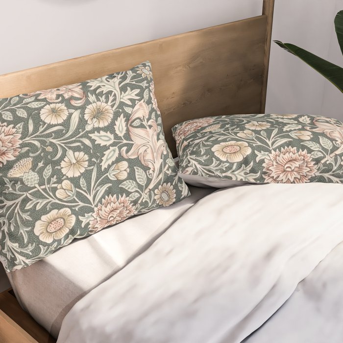 William Morris Double Bough Dark Green & Pink Floral Pillow Sham Gallery Image 2