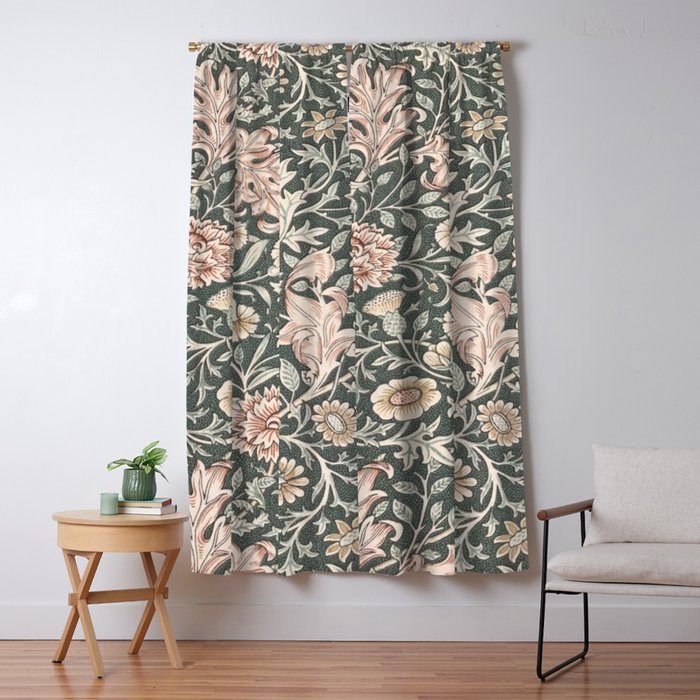 William Morris Double Bough Dark Green & Pink Floral Window Curtain Gallery Image 5