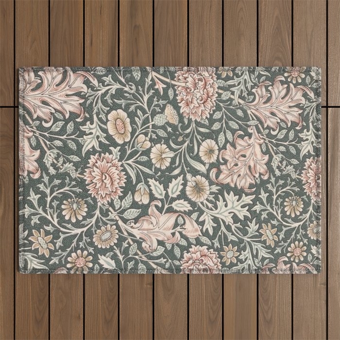 William Morris Double Bough Dark Green & Pink Floral Outdoor Rug Gallery Image 1