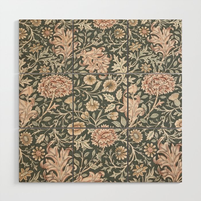 William Morris Double Bough Dark Green & Pink Floral Wood Wall Art Gallery Image 1