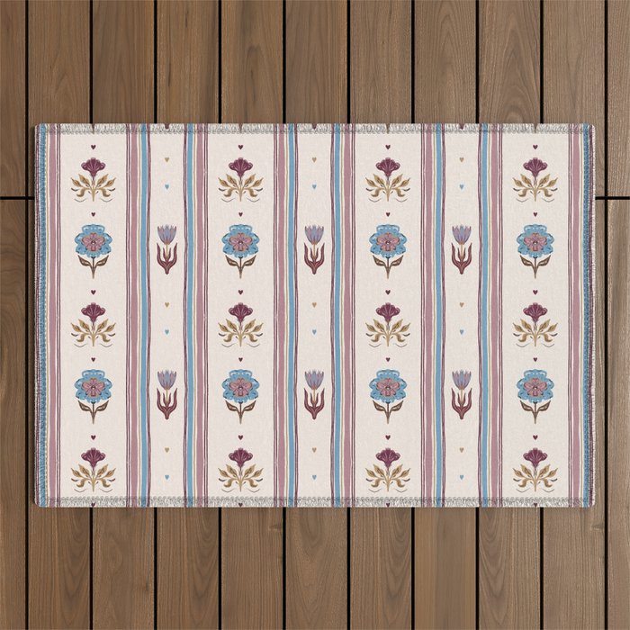 Folk Floral Stripe Pattern Outdoor Rug Gallery Image 1