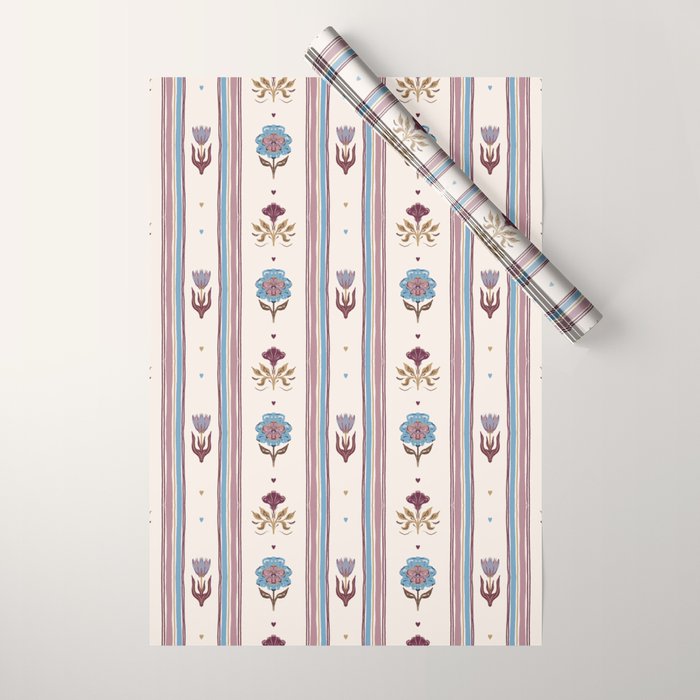 Folk Floral Stripe Pattern Wrapping Paper Gallery Image 1