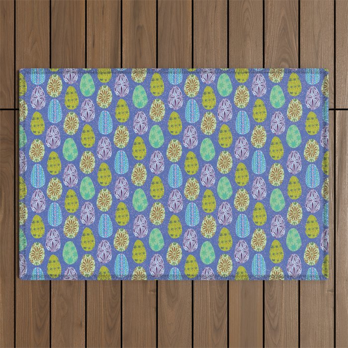 Colorful Folk Art Easter Eggs in Lavender & Green Outdoor Rug Gallery Image 1
