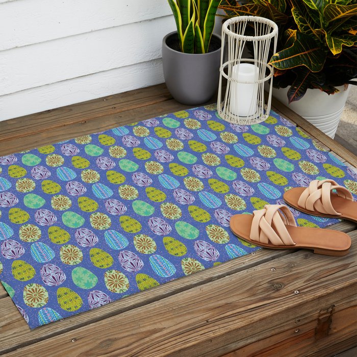Colorful Folk Art Easter Eggs in Lavender & Green Outdoor Rug Gallery Image 2