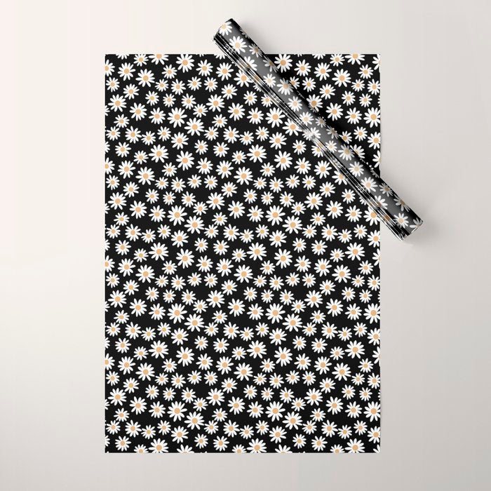 Daisies - daisy floral repeat, daisy flowers, 70s, retro, black, daisy floral Wrapping Paper Gallery Image 1