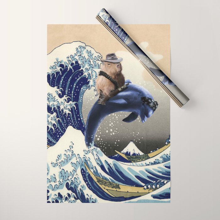 Cowboy Capybara Riding Dolphin Great Wave Wrapping Paper Gallery Image 1