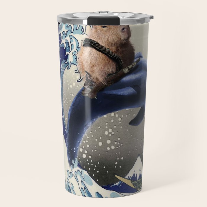 Cowboy Capybara Riding Dolphin Great Wave Travel Mug Gallery Image 1