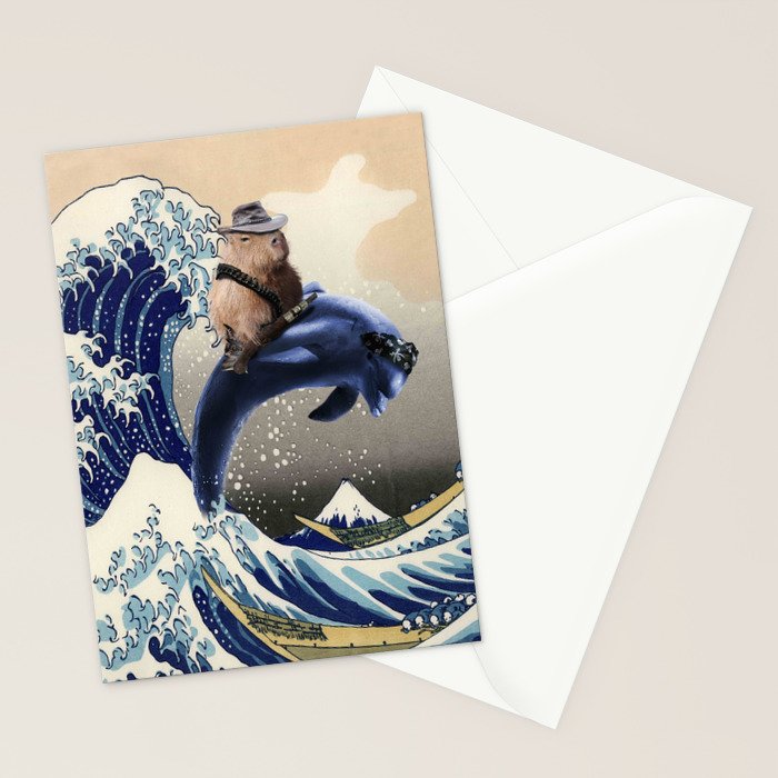 Cowboy Capybara Riding Dolphin Great Wave Stationery Card Gallery Image 2
