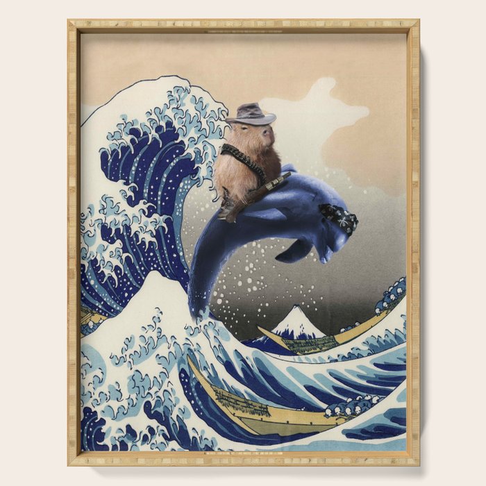 Cowboy Capybara Riding Dolphin Great Wave Serving Tray Gallery Image 1