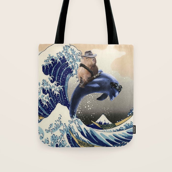 Cowboy Capybara Riding Dolphin Great Wave Tote Bag Gallery Image 1