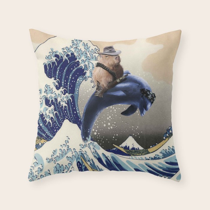 Cowboy Capybara Riding Dolphin Great Wave Throw Pillow Gallery Image 1