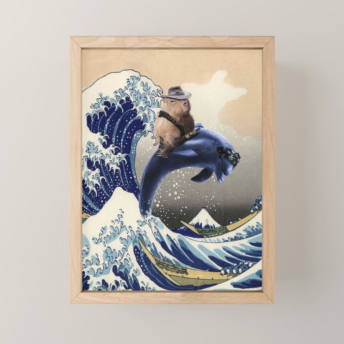 Cowboy Capybara Riding Dolphin Great Wave Mini Art Print