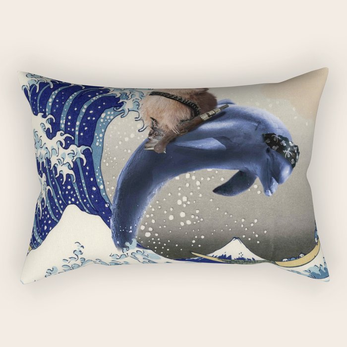 Cowboy Capybara Riding Dolphin Great Wave Rectangular Pillow Gallery Image 1