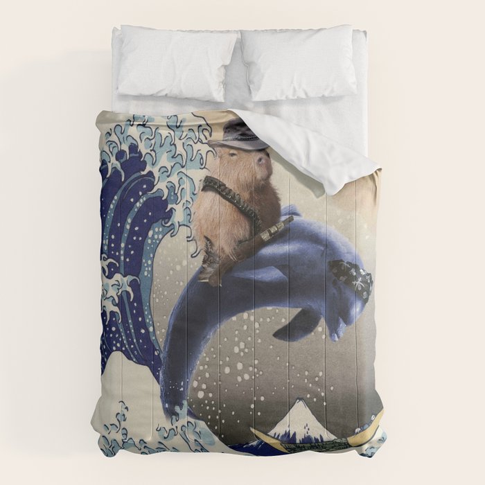 Cowboy Capybara Riding Dolphin Great Wave Comforter Gallery Image 6