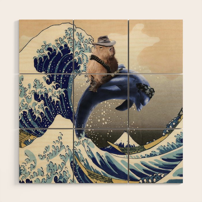 Cowboy Capybara Riding Dolphin Great Wave Wood Wall Art Gallery Image 1