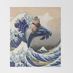 Cowboy Capybara Riding Dolphin Great Wave Throw Blanket Gallery Image 2
