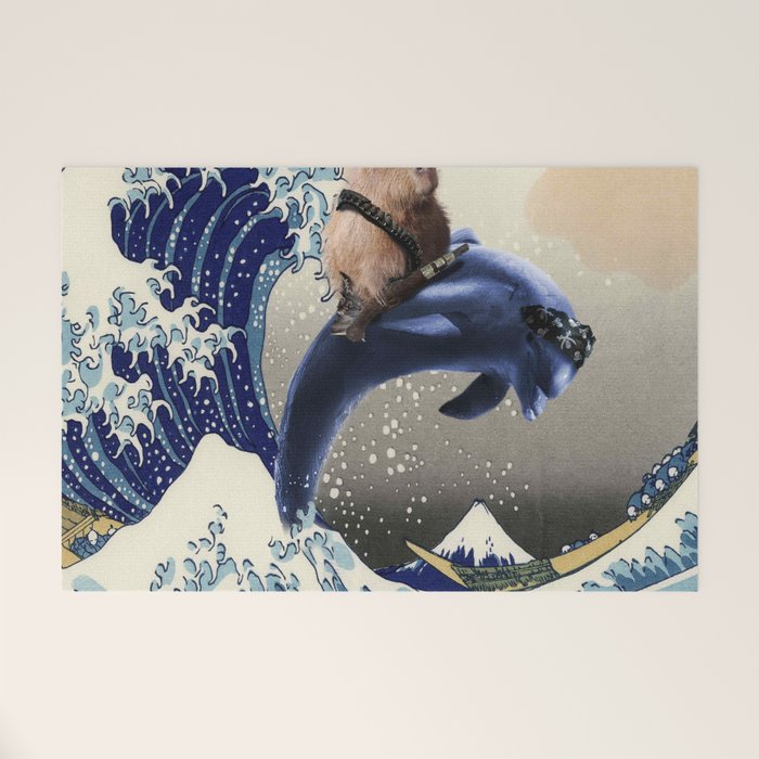 Cowboy Capybara Riding Dolphin Great Wave Welcome Mat Gallery Image 1