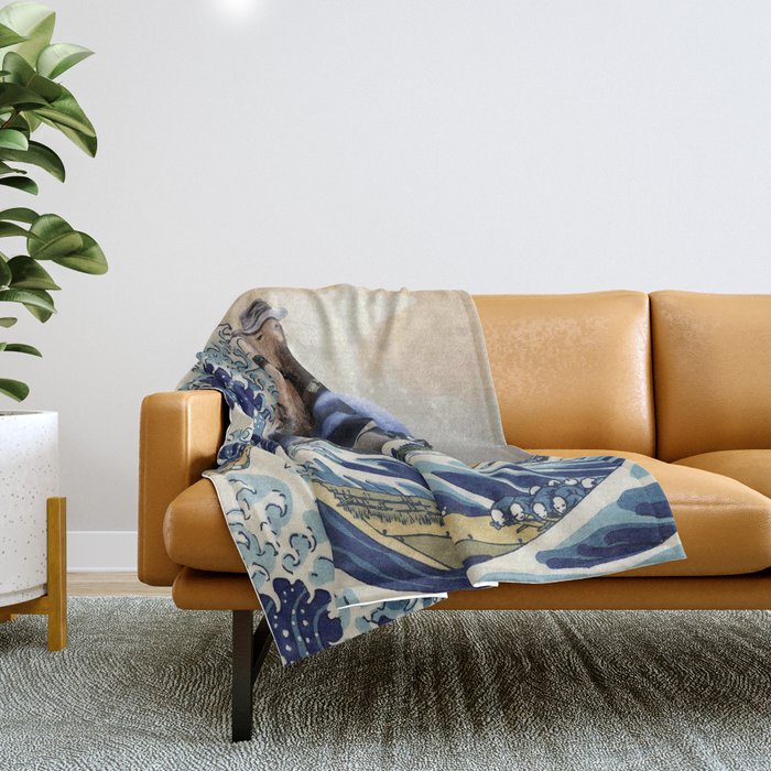 Cowboy Capybara Riding Dolphin Great Wave Throw Blanket Gallery Image 1