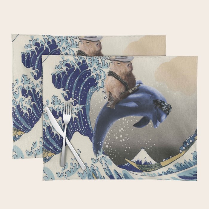 Cowboy Capybara Riding Dolphin Great Wave Placemat Gallery Image 1