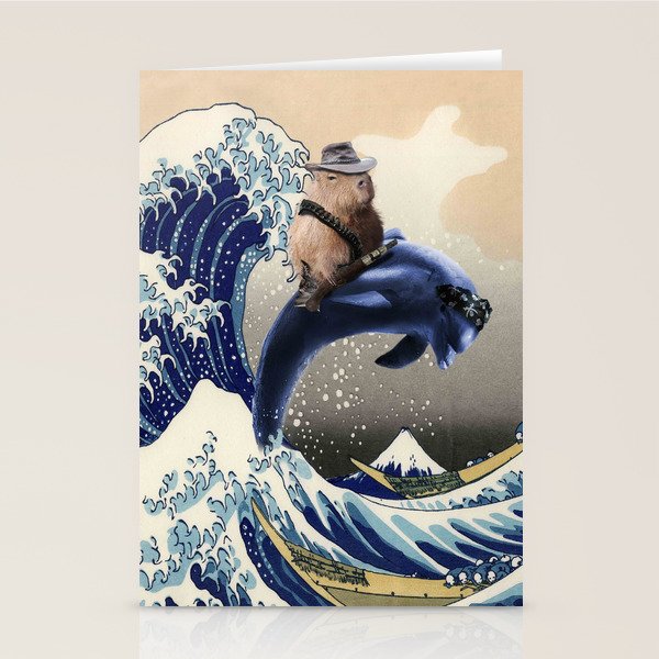 Cowboy Capybara Riding Dolphin Great Wave Stationery Card Gallery Image 1