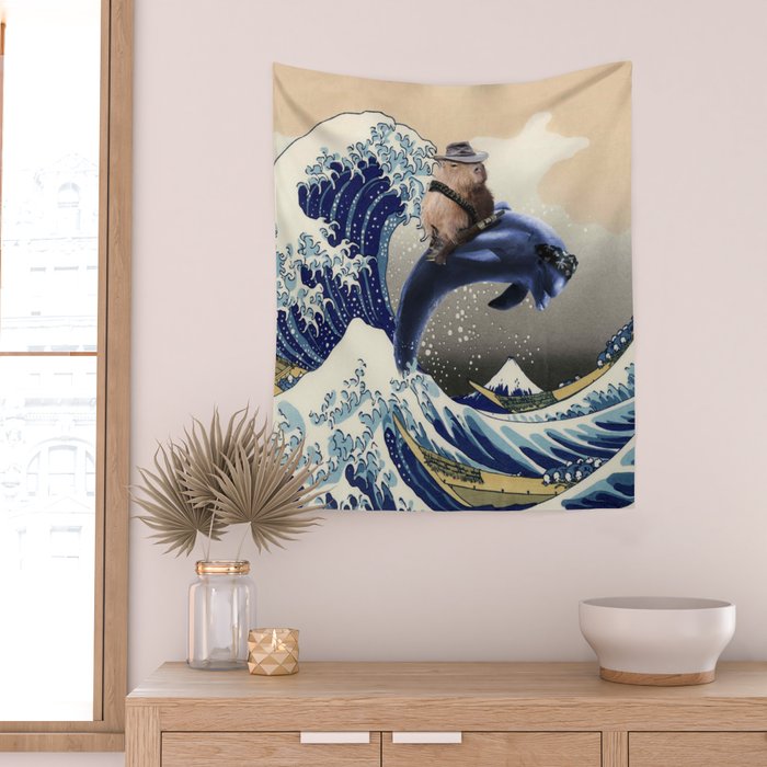 Cowboy Capybara Riding Dolphin Great Wave Wall Tapestry Gallery Image 2