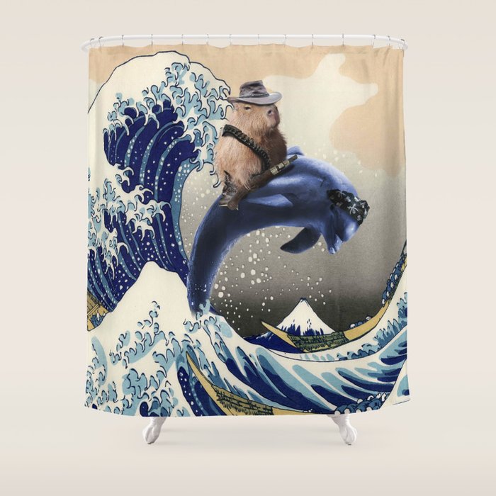 Cowboy Capybara Riding Dolphin Great Wave Shower Curtain
