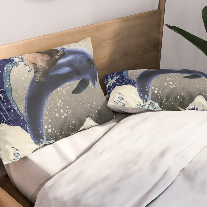 Cowboy Capybara Riding Dolphin Great Wave Pillow Sham Gallery Image 2
