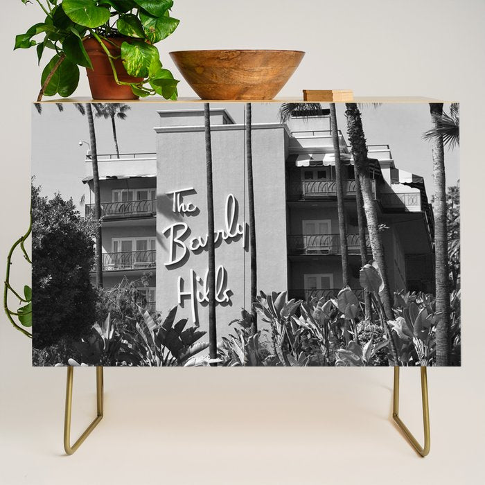 Beverly Hills Hotel, California black and white photograph / black and white photography Credenza Gallery Image 1