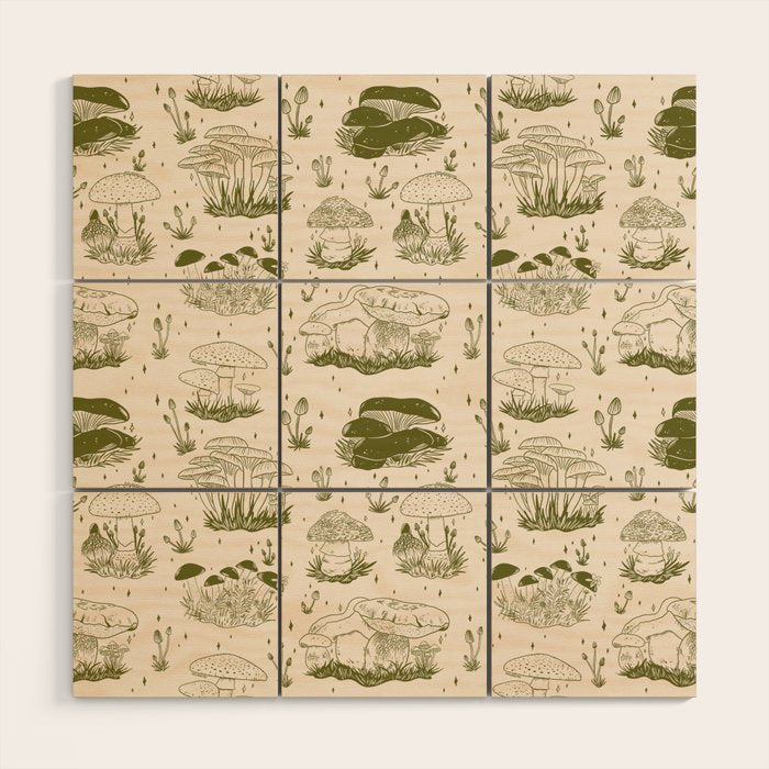 Mushroom Toile in Green Wood Wall Art Gallery Image 1