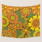 Orange, Brown, Yellow and Green Retro Daisy Pattern Wall Tapestry Gallery Image 4
