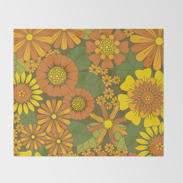 Orange, Brown, Yellow and Green Retro Daisy Pattern Throw Blanket Gallery Image 2