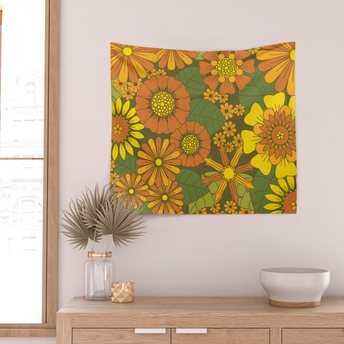 Orange, Brown, Yellow and Green Retro Daisy Pattern Wall Tapestry Gallery Image 2