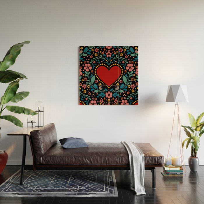 Heart with flolk flowers Wood Wall Art Gallery Image 2