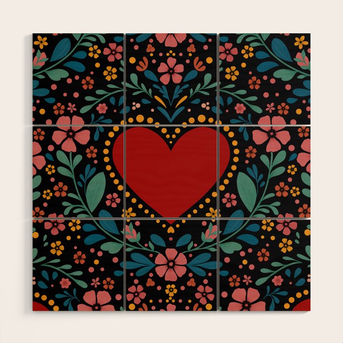 Heart with flolk flowers Wood Wall Art Gallery Image 1