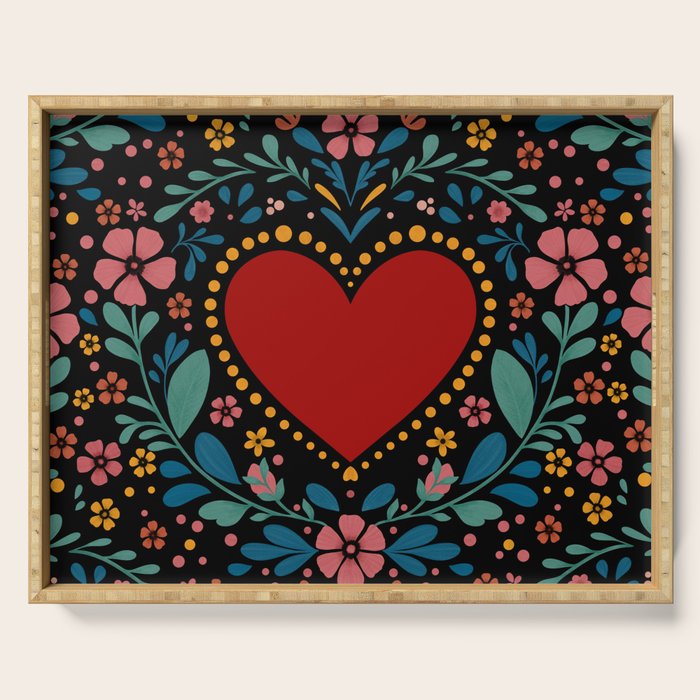 Heart with flolk flowers Serving Tray Gallery Image 1