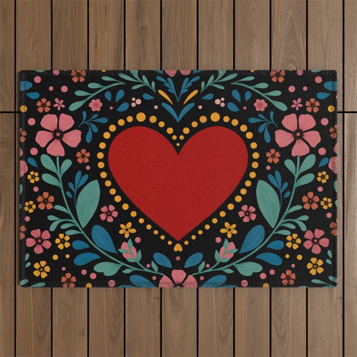 Heart with flolk flowers Outdoor Rug Gallery Image 1